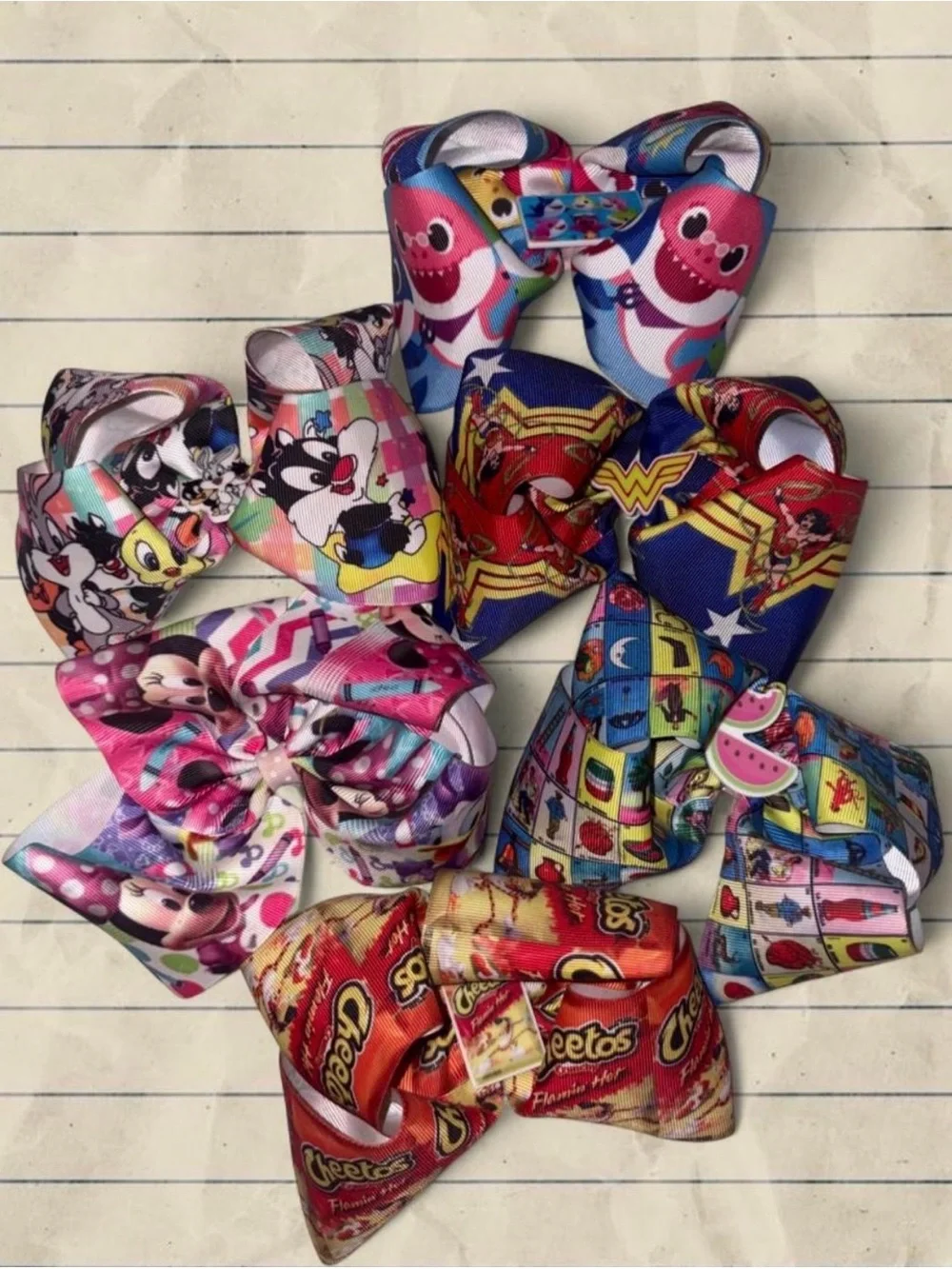 Large Assorted Kids Character Hair Bows - Pink, Blue, Red, Multi